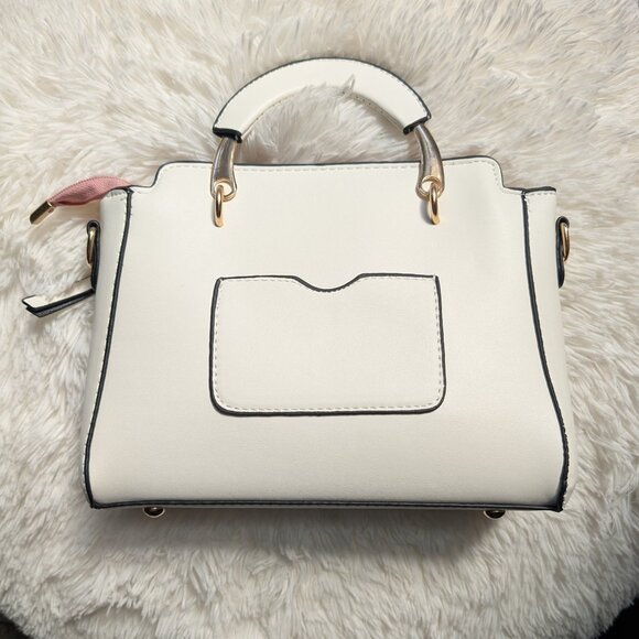 Embroidered Satchel w/ Crossbody Strap & Cat Coin Purse - White Faux Leather - Picture 6 of 12